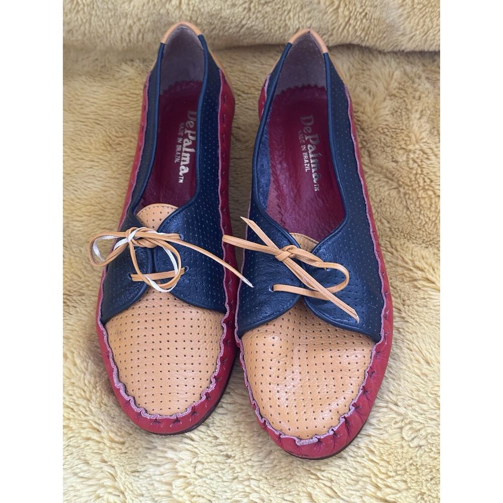 De Palma Women’s Shoes Preppy Genuine Leather Sz 6.5/7 Tan Navy Red Chic Vintage